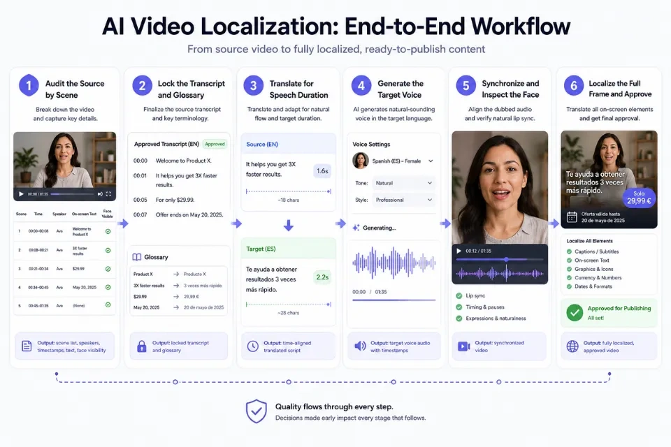 Six-stage AI video localization workflow for multilingual videos