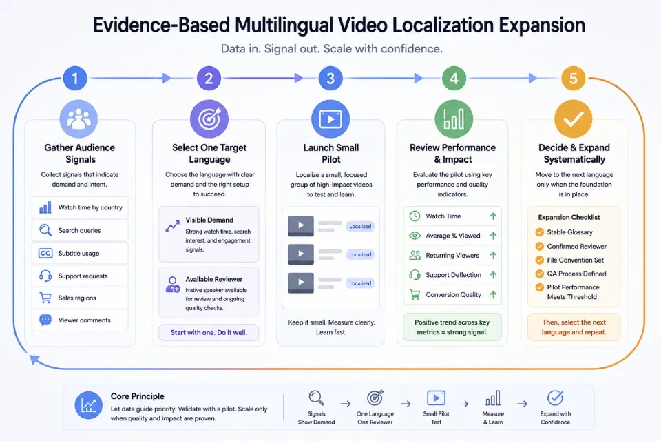 Data-driven language expansion strategy for AI video localization