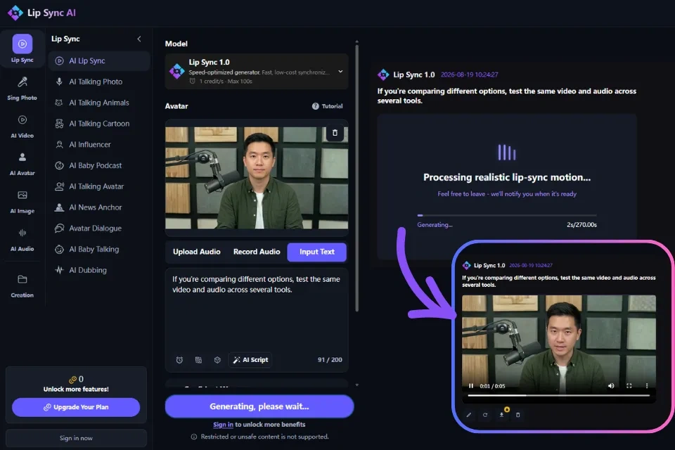 Lip Sync AI video lip sync generator interface
