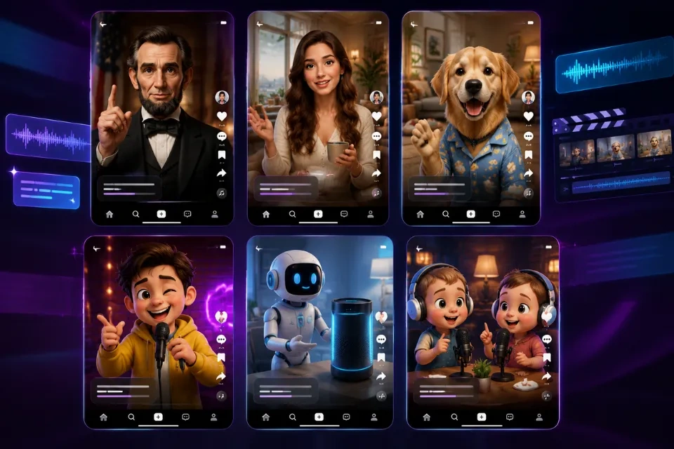 AI faceless TikTok video ideas including talking photos, virtual influencers, pets, cartoons, and product reviews