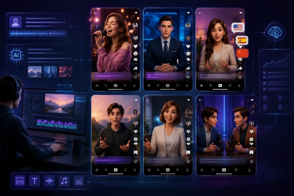 Faceless TikTok content ideas using AI avatars, singing photos, news anchors, voiceovers, and dialogue