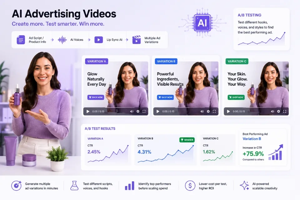 AI advertising video variations created with Lip Sync AI for A/B testing
